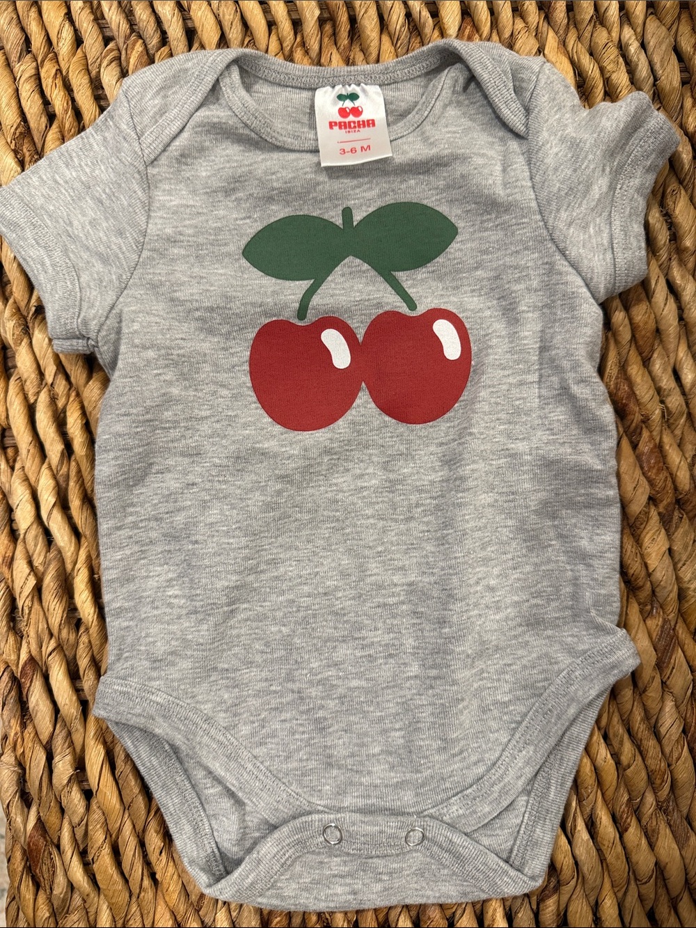 Gray PACHA Ibiza Cherry Graphic Baby Onesie NWOT